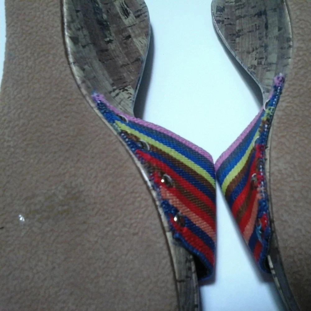 Y2K Vintage Multicolor Rainbow Woven Silver Stud Canvas Cork‎ Espadrille Wedges